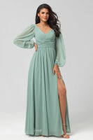Load image into Gallery viewer, Chiffon A-Line Long Sleeves Matcha Bridesmaid Dress with Slit