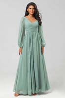 Load image into Gallery viewer, Chiffon A-Line Long Sleeves Matcha Bridesmaid Dress with Slit