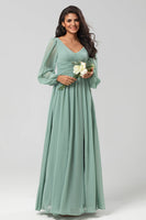 Load image into Gallery viewer, Chiffon A-Line Long Sleeves Matcha Bridesmaid Dress with Slit