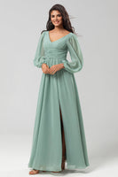 Load image into Gallery viewer, Chiffon A-Line Long Sleeves Matcha Bridesmaid Dress with Slit
