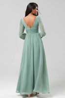Load image into Gallery viewer, Chiffon A-Line Long Sleeves Matcha Bridesmaid Dress with Slit