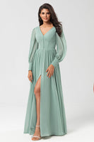 Load image into Gallery viewer, Long Sleeves Matcha Long Bridesmaid Dress with Split Front