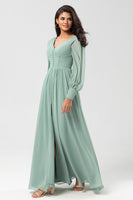 Load image into Gallery viewer, Long Sleeves Matcha Long Bridesmaid Dress with Split Front