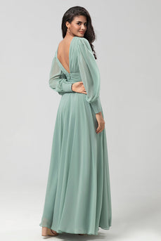 Chiffon Long Matcha Bridesmaid Dress with Button