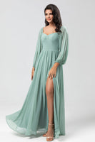 Load image into Gallery viewer, Chiffon Off The Shoulder Matcha Bridesmaid Dress with Long Sleeves