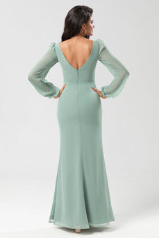 Mermaid Long Sleeves Matcha Bridesmaid Dress with Slit