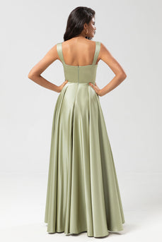 A-Line Satin Dusty Sage Bridesmaid Dress