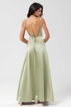 Satin Lace-Up Back Dusty Sage Bridesmaid Dress with Slit