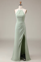 Load image into Gallery viewer, Matcha Halter Neck Sheath Pleated Bridesmaid Dress with Slit