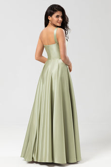 Satin One Shoulder Dusty Sage Bridesmaid Dress with Pockets