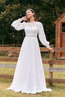 Load image into Gallery viewer, Ivory Bateau Chiffon Long Boho Wedding Dress with Lace