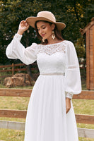 Load image into Gallery viewer, Ivory Bateau Chiffon Long Boho Wedding Dress with Lace