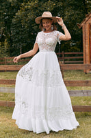 Load image into Gallery viewer, Ivory Short Sleeves Boho Chiffon Wedding Dress with Lace