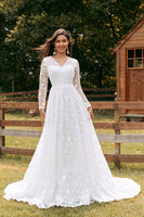 Load image into Gallery viewer, Ivory A-Line V-Neck Lace Sweep Train Wedding Dress with Sleeves