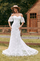 Load image into Gallery viewer, Ivory Mermaid Lace Sweep Train Wedding Dress with Sleeves