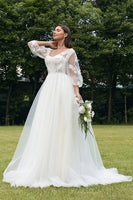 Load image into Gallery viewer, Ivory Puff Sleeves Corset Wedding Dress with 3D Flowers