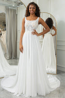 Load image into Gallery viewer, Ivory Scoop Neck Boho Chiffon Wedding Dress with Lace