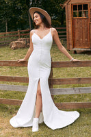 Load image into Gallery viewer, Simple Mermaid Ivory Button Wedding Dress with Slit