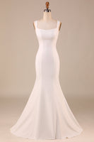 Load image into Gallery viewer, Satin Mermaid Ivory Sweep Train Wedding Dress with Bowknot