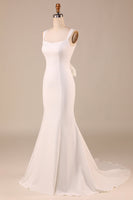 Load image into Gallery viewer, Satin Mermaid Ivory Sweep Train Wedding Dress with Bowknot