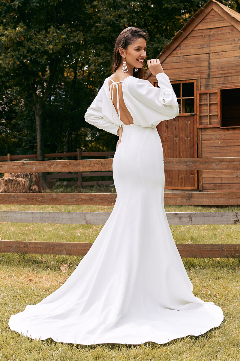 Load image into Gallery viewer, Simple Ivory Long Sleeves Mermaid Wedding Dress