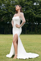 Load image into Gallery viewer, Ivory Illusion Long Sleeves Backless Mermaid Wedding Dress with Slit