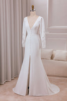 Load image into Gallery viewer, Ivory Deep V-neck Long Sleeves Crepe and Lace Mermaid Bridal Dress