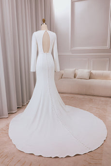 Ivory Deep V-neck Long Sleeves Crepe Mermaid Wedding Dress with Front Slit