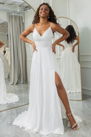 Load image into Gallery viewer, Ivory A-Line Chiffon Sweep Train Wedding Dress with Lace