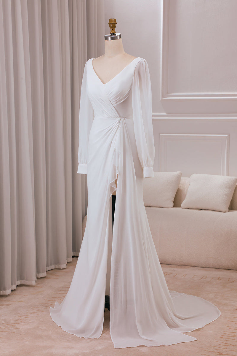 Load image into Gallery viewer, Ivory V-neck Long Sleeves A-line Chiffon Bridal Dress