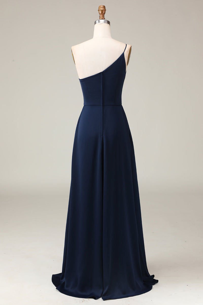 Load image into Gallery viewer, Black A-line Chiffon One Shoulder Floor Length Bridesmaid Dress