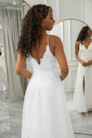 Load image into Gallery viewer, Ivory A-Line Sweep Train Lace Wedding Dress with Slit