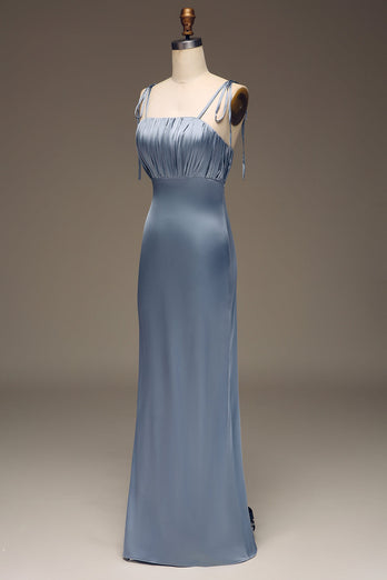 Dusty Blue Spaghetti Straps Sheath Satin Pleated Bridesmaid Dress