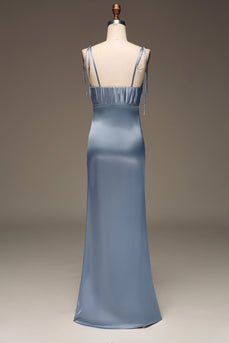 Dusty Blue Spaghetti Straps Sheath Satin Pleated Bridesmaid Dress