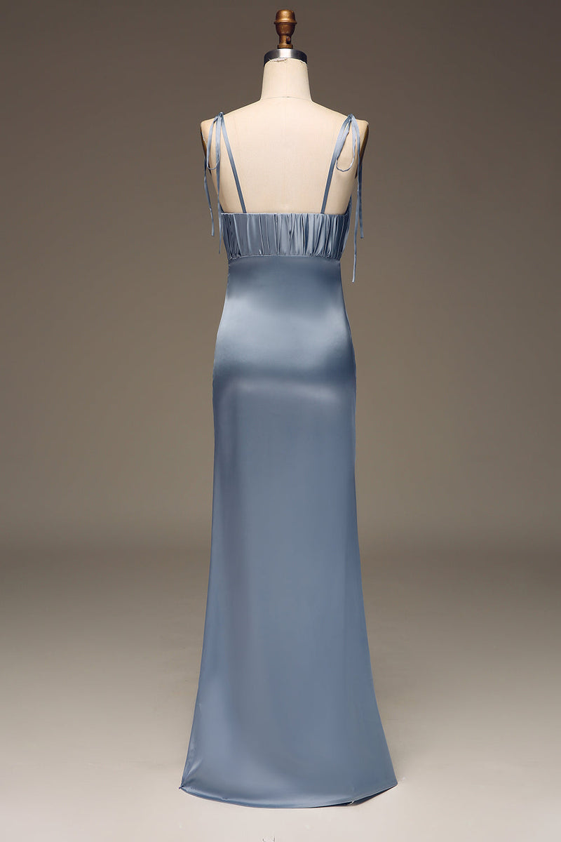 Load image into Gallery viewer, Dusty Blue Spaghetti Straps Sheath Satin Pleated Bridesmaid Dress