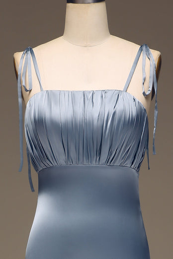 Dusty Blue Spaghetti Straps Sheath Satin Pleated Bridesmaid Dress