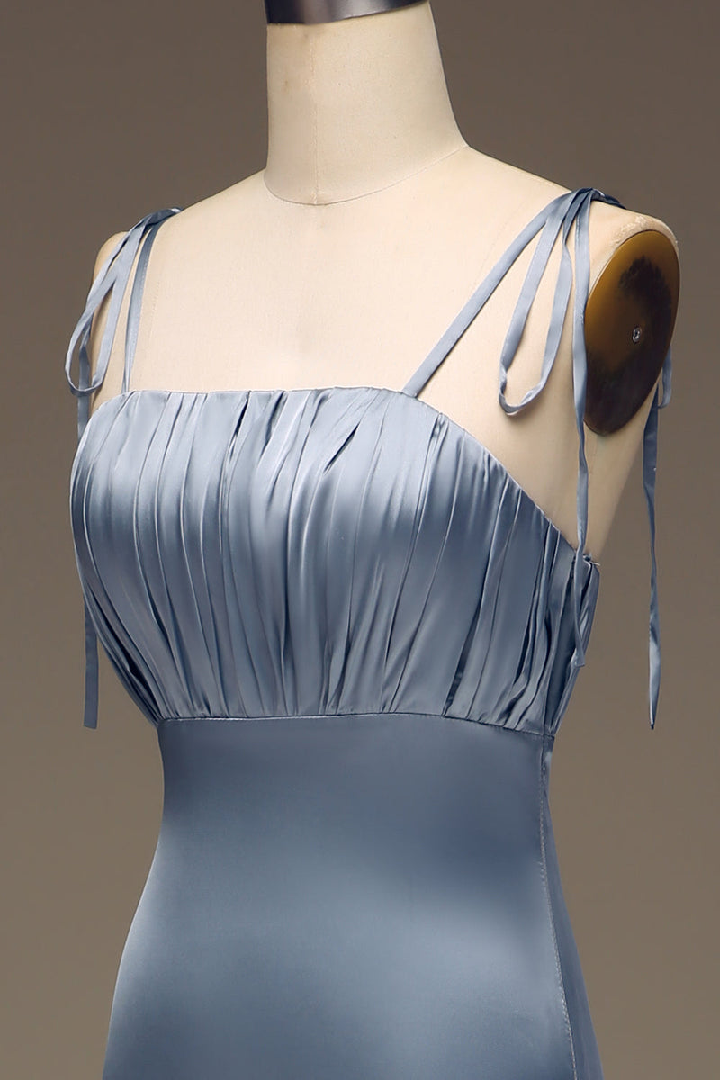 Load image into Gallery viewer, Dusty Blue Spaghetti Straps Sheath Satin Pleated Bridesmaid Dress