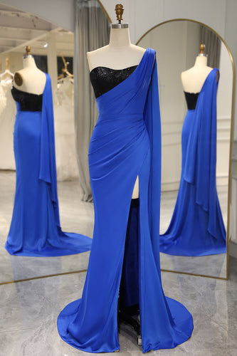Royal Blue Mermaid One Shoulder Long Formal Dress With Slit
