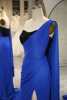 Royal Blue Mermaid One Shoulder Long Formal Dress With Slit