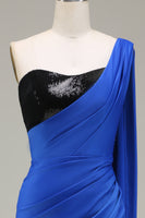 Load image into Gallery viewer, Royal Blue One Shoulder Satin and Sequin Mermaid Pleated Formal Dress with Slit