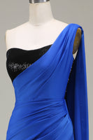 Load image into Gallery viewer, Royal Blue One Shoulder Satin and Sequin Mermaid Pleated Formal Dress with Slit