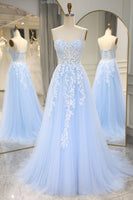 Load image into Gallery viewer, Sky Blue Long Corset Appliqued Formal Dress With Slit