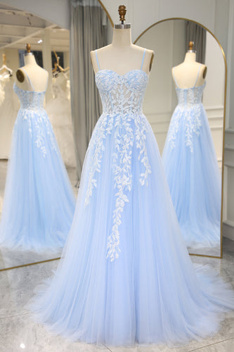 Sky Blue Long Corset Appliqued Formal Dress With Slit