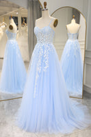 Load image into Gallery viewer, Sky Blue Long Corset Appliqued Formal Dress With Slit