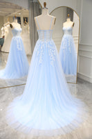 Load image into Gallery viewer, Sky Blue Long Corset Appliqued Formal Dress With Slit