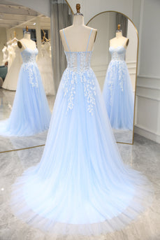 Sky Blue Long Corset Appliqued Formal Dress With Slit