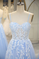 Load image into Gallery viewer, Sky Blue Long Corset Appliqued Formal Dress With Slit