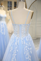 Load image into Gallery viewer, Sky Blue Long Corset Appliqued Formal Dress With Slit