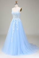 Load image into Gallery viewer, Tulle A-Line Spaghetti Straps Sky Blue Formal Dress with Appliques