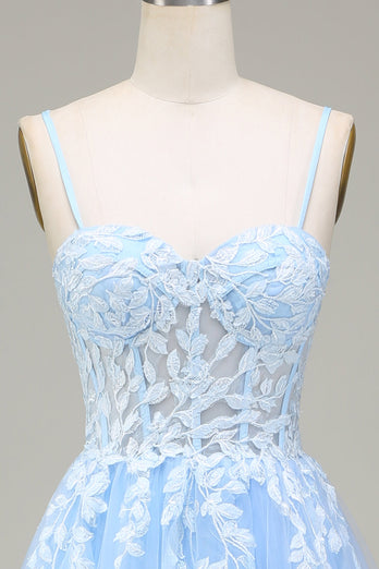 Tulle A-Line Spaghetti Straps Sky Blue Formal Dress with Appliques